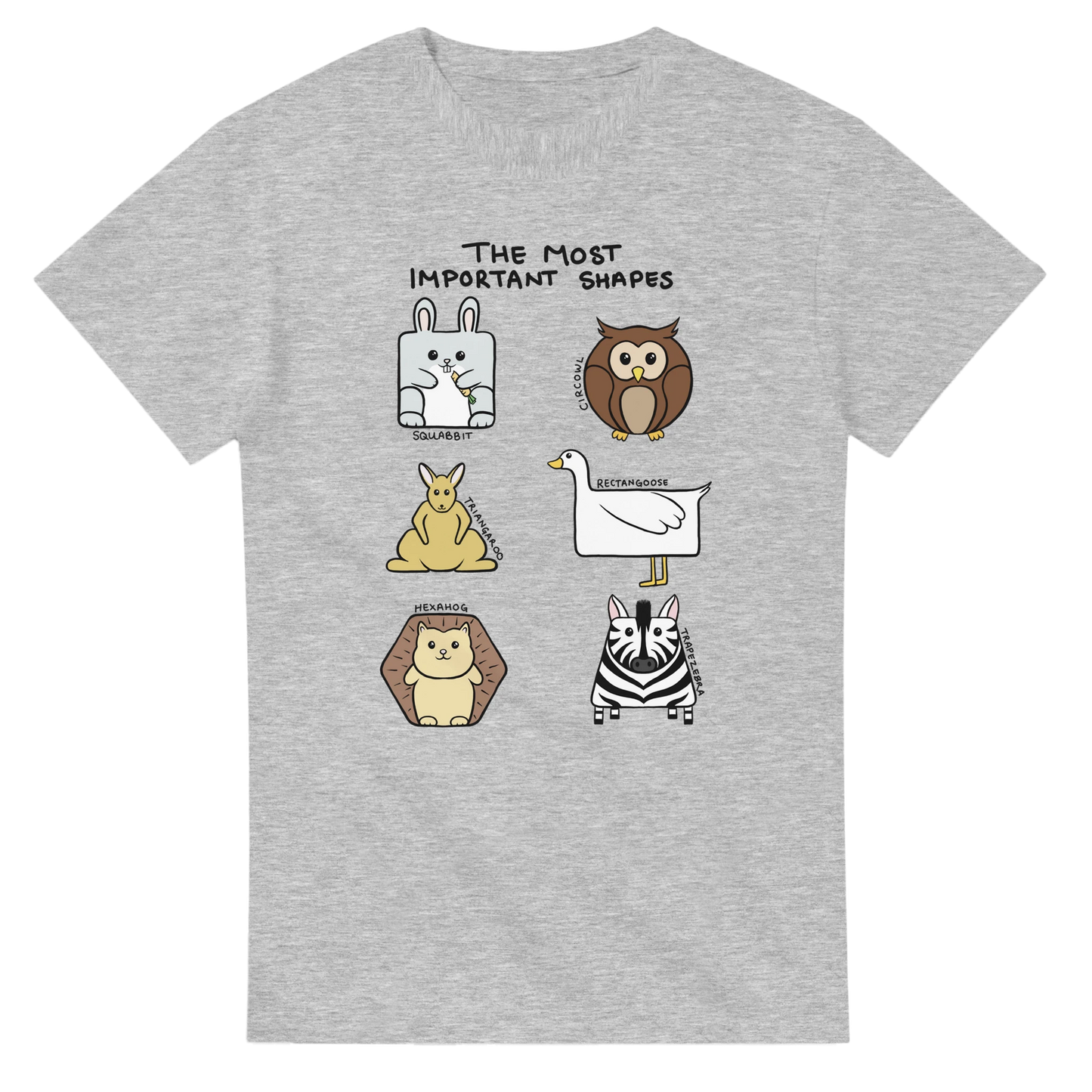 Astral Apple Men’s, Women’s or Unisex short sleeved, casual style classic crewneck t-shirt in ash grey cotton, with graphic print of cute animal and shape mashups, front view, funny design