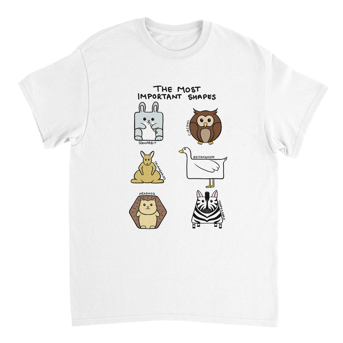 Astral Apple Men’s, Women’s or Unisex short sleeved, casual style classic crewneck t-shirt in white cotton, with graphic print of cute animal and shape mashups, ironed front view, funny design