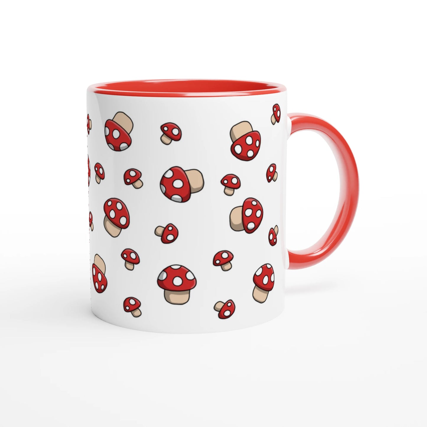 Astral Apple dish washer safe, microwave safe ceramic coffee mug in White and Red, with graphic print of lots of little red fly agaric or Amanita Muscaria mushrooms with white spots, back view, for the mycologist who loves mushroom coffee, tea and hot chocolate