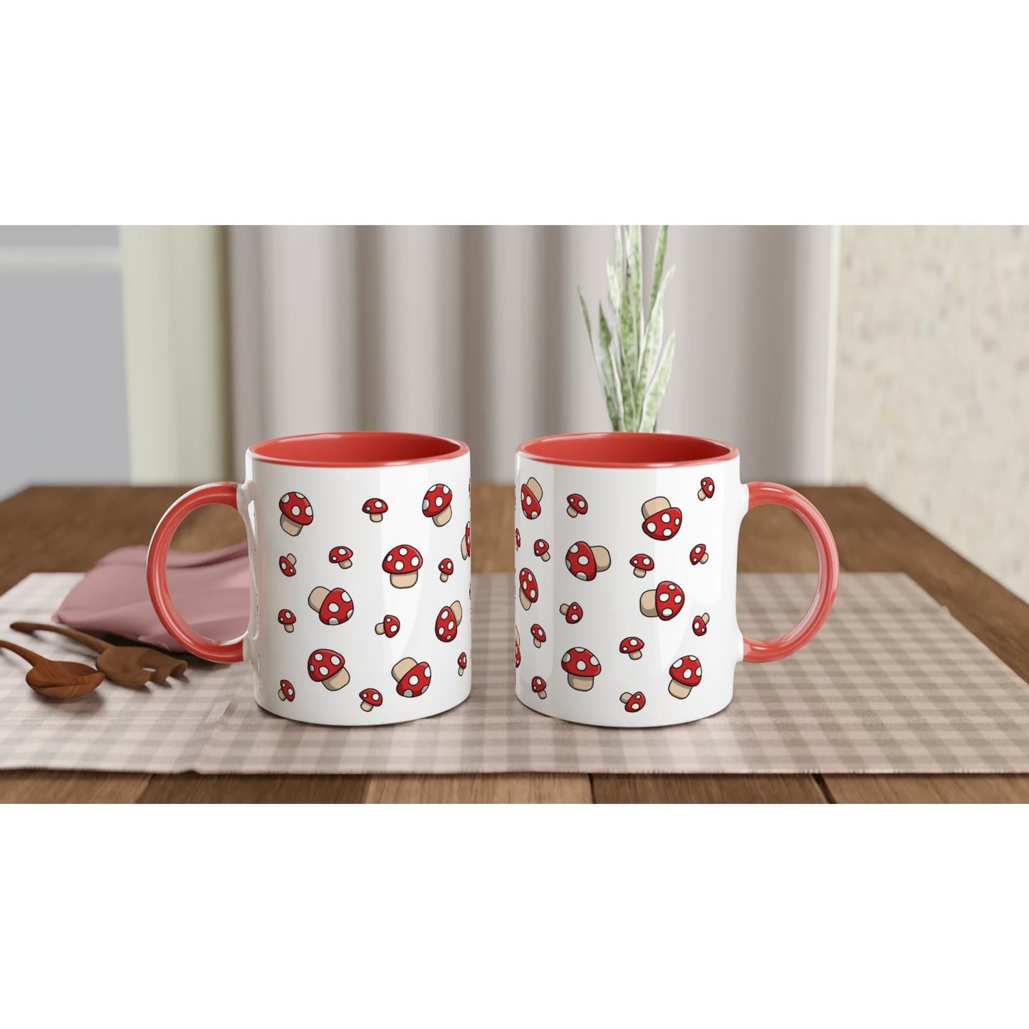 Astral Apple dish washer safe, microwave safe ceramic coffee mug in White and Red, with graphic print of lots of little red fly agaric or Amanita Muscaria mushrooms with white spots, front and back, for the mycologist who loves mushroom coffee, tea and hot chocolate