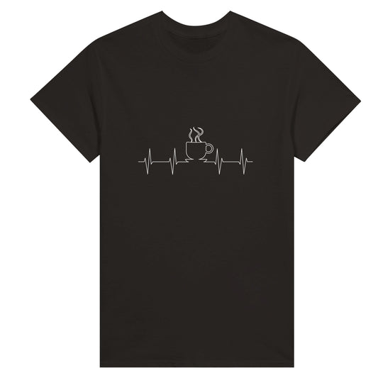 Black women's shirt with white line art depicting a cardiogram with the shape of a steaming cup of coffee or tea on it.