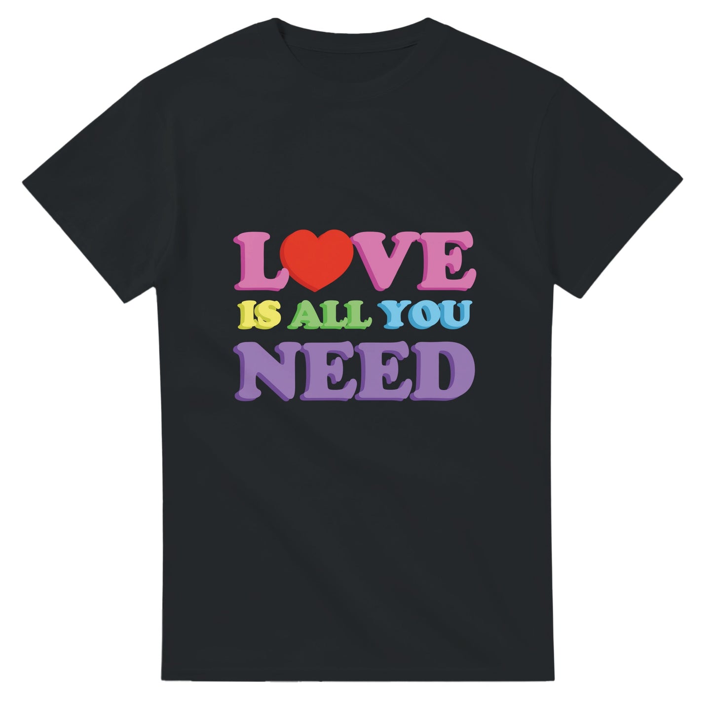A black mens or womens t shirt in a 60's, retro, hippie style with colourful text reading "Love is all you need".