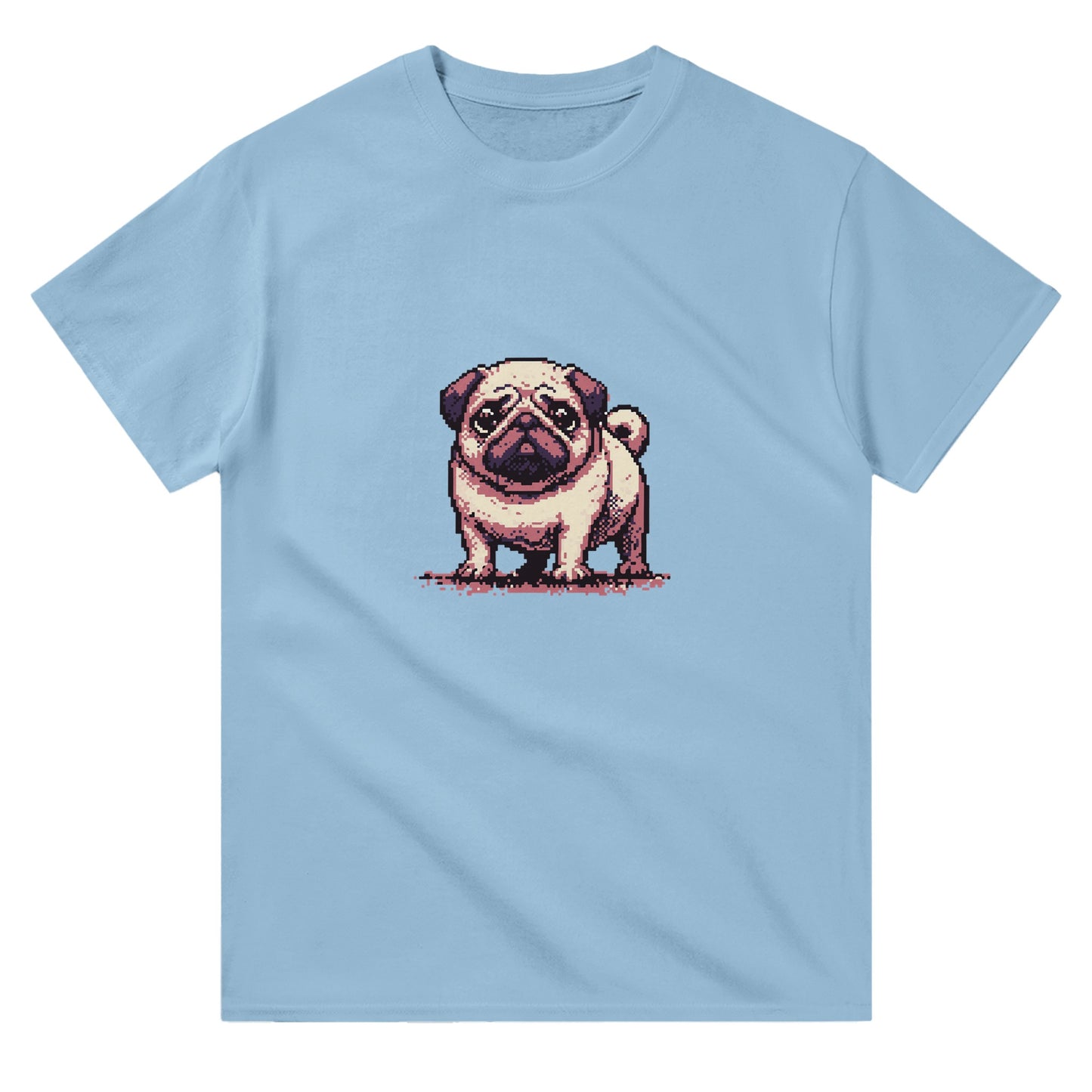 mens and womens blue coloured t-shirt with a cute pug picture
