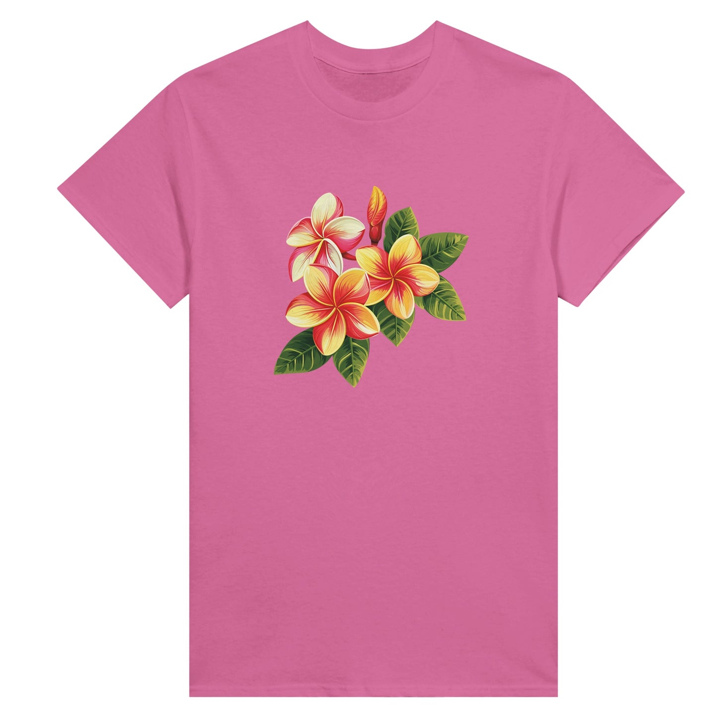 A bright pink womens shirt with tropical flowers