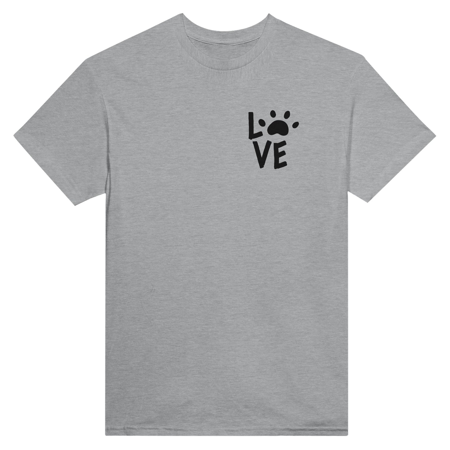 Grey t-shirt with the word "love" in the top right corner and the letter "o" is replaced with an animal paw print.