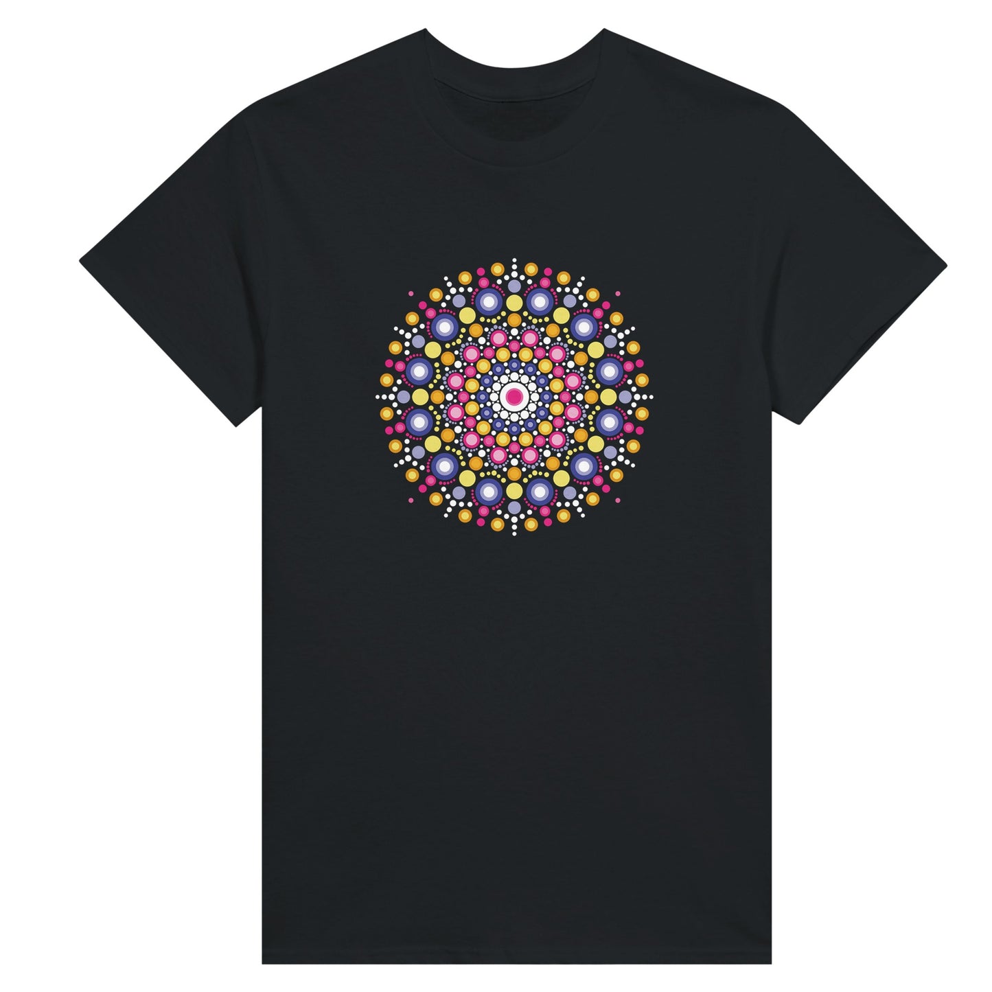 A black womens tee shirt with a colourful mandala made of dots printed on it