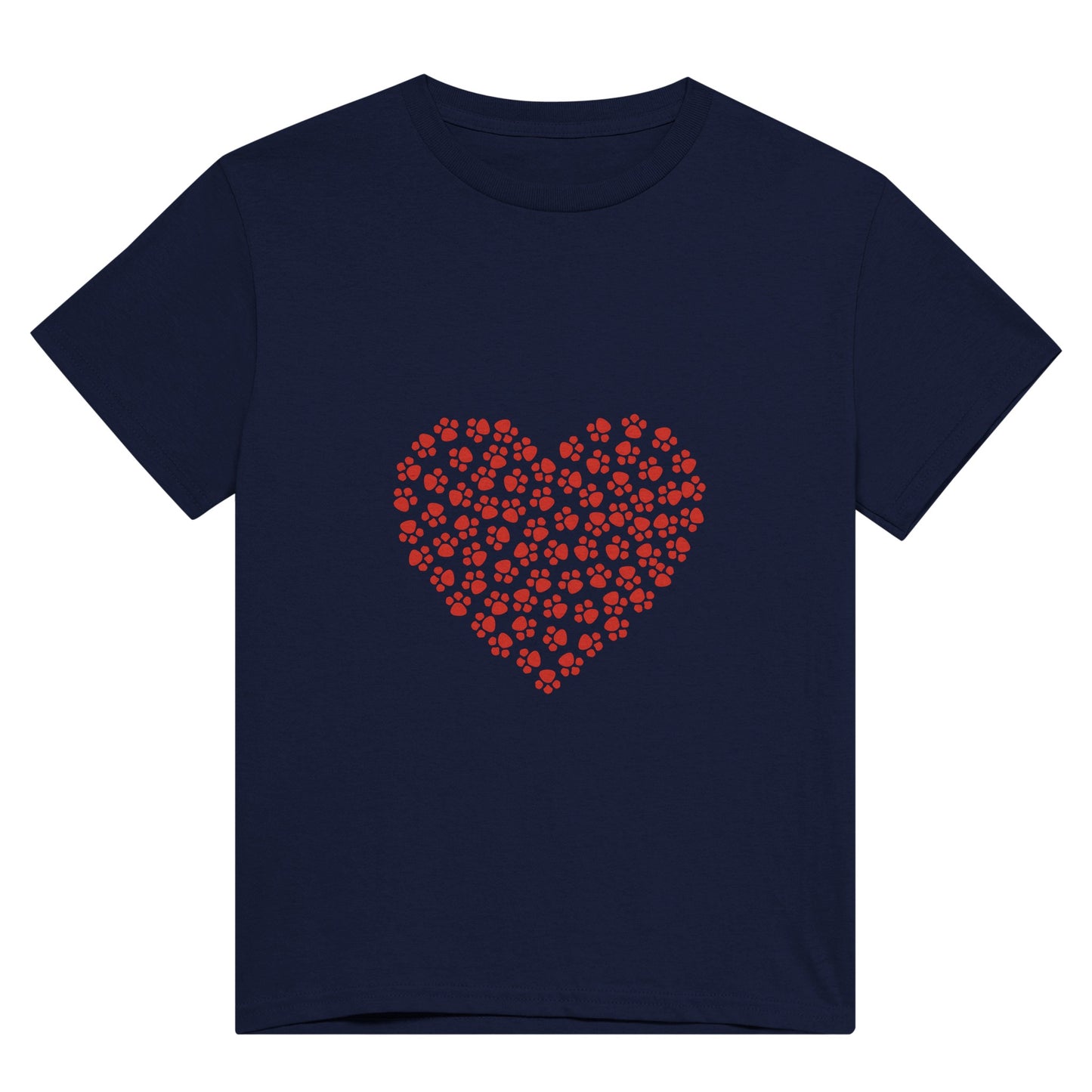 A navy blue t shirt with a big heart on it made up of little red animal paws