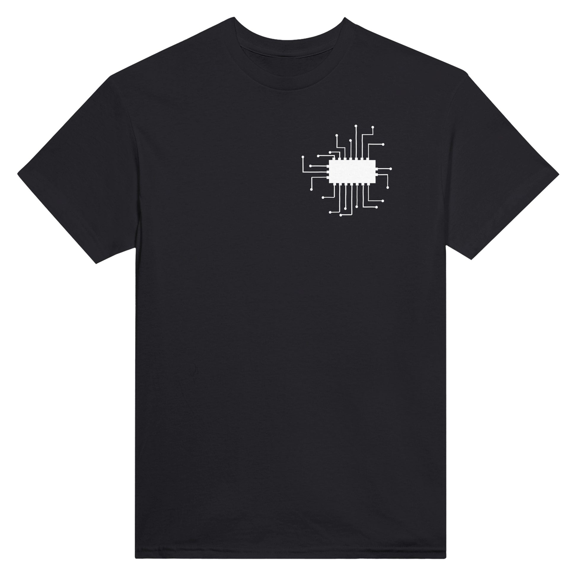 Black t-shirt with a picture of a microchip with wires of a circuit connected to it