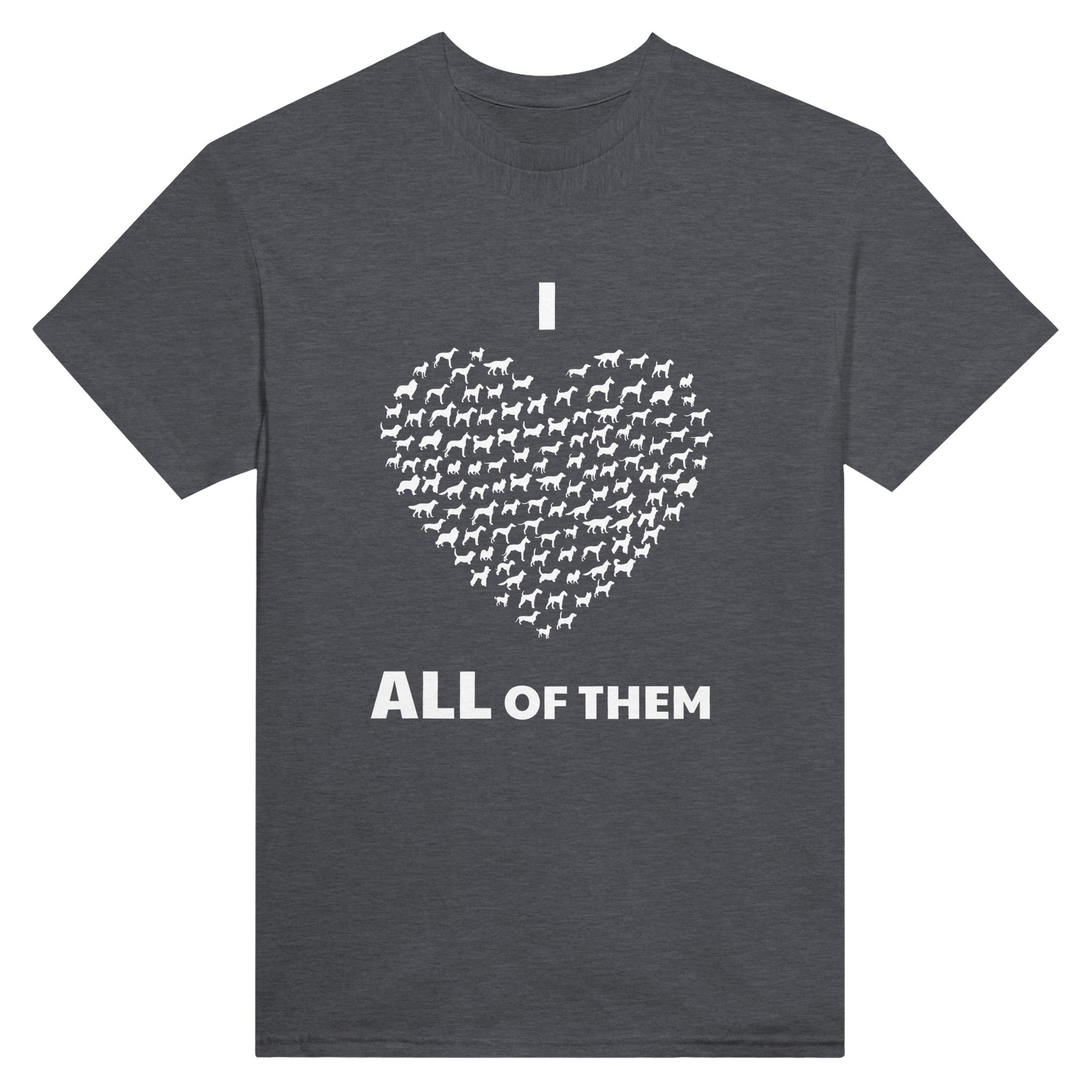 Dark grey shirt with a large heart made up of different breeds of dogs and the text "I (heart) all of them"