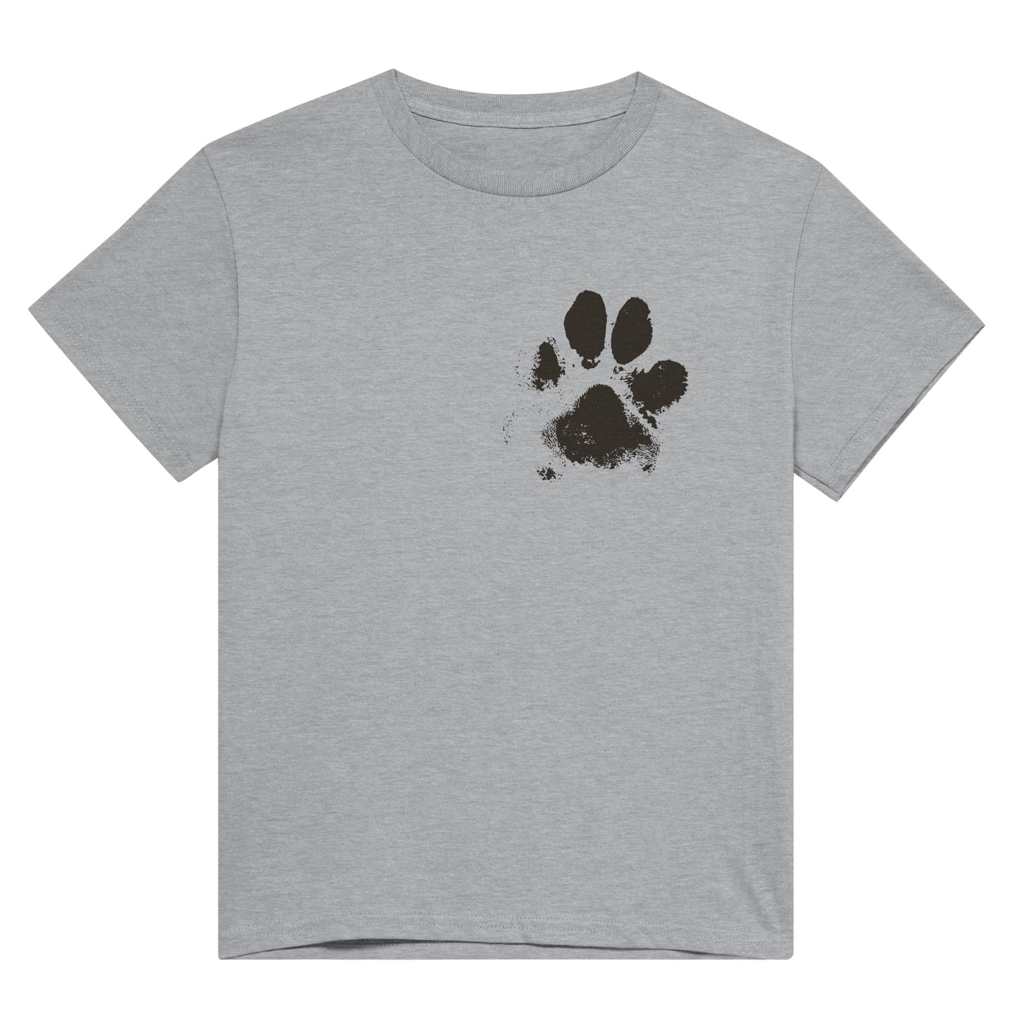 Grey t shirt with the black print of a dog paw over the upper right side of the shirt.