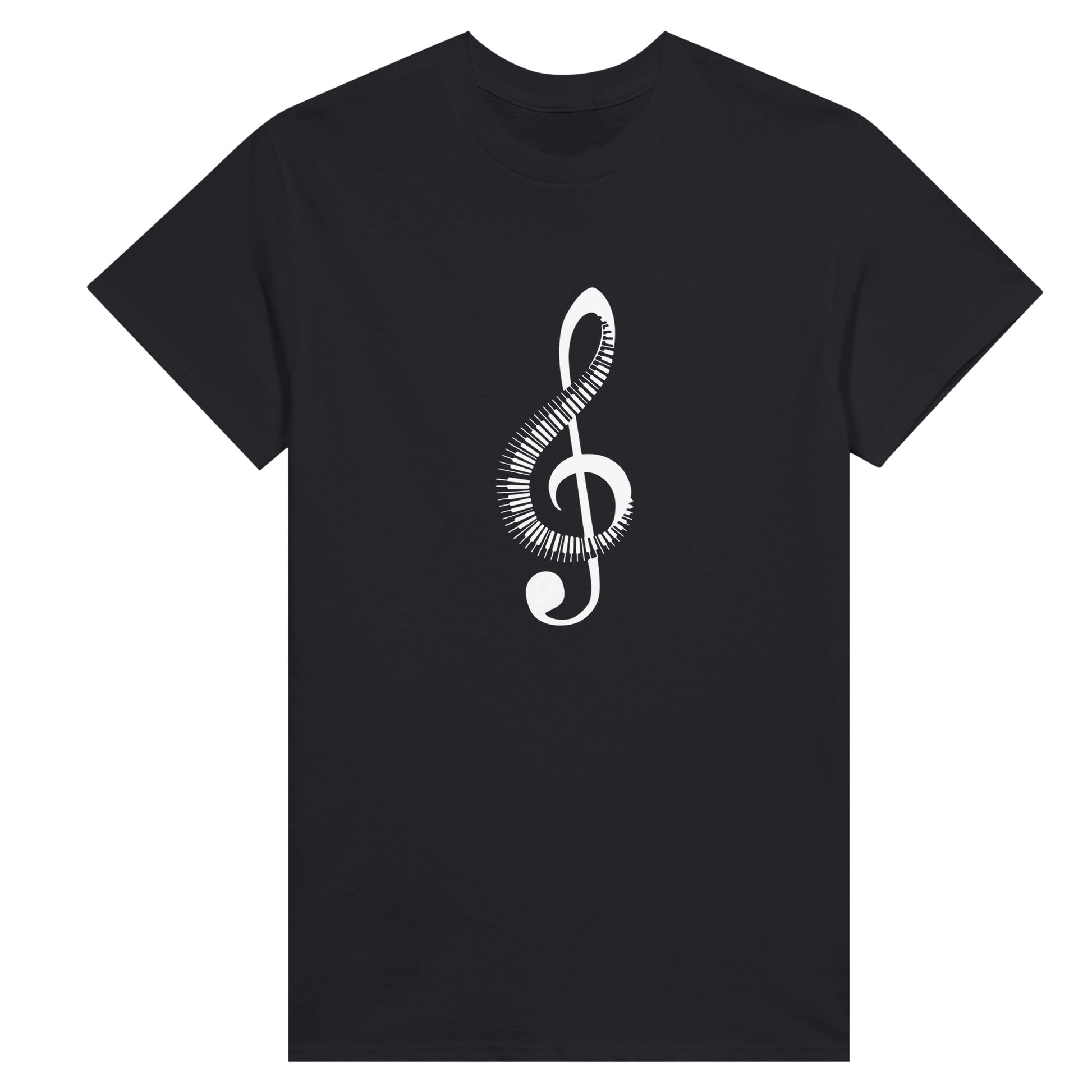 Women's black t-shirt with a picture of a treble cleff made partly of piano keys