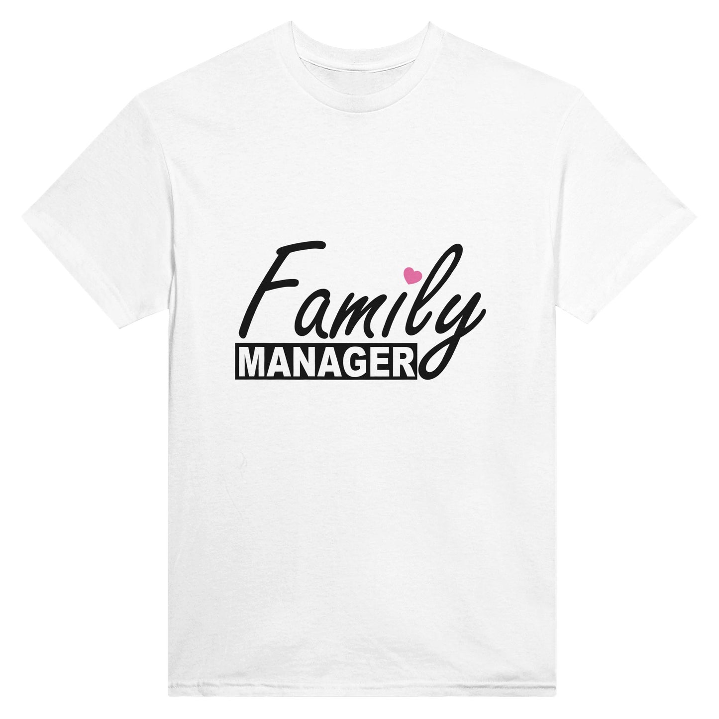 White t shirt with the words "family manager" in black, where the letter "i" in family is dotted with a small pink heart.