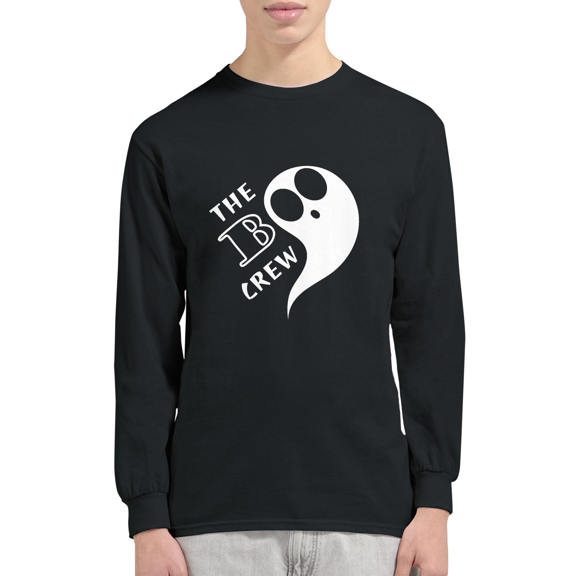 A black, long sleeved Halloween t shirt with a ghost and the text, "The Boo Crew" worn by a man.