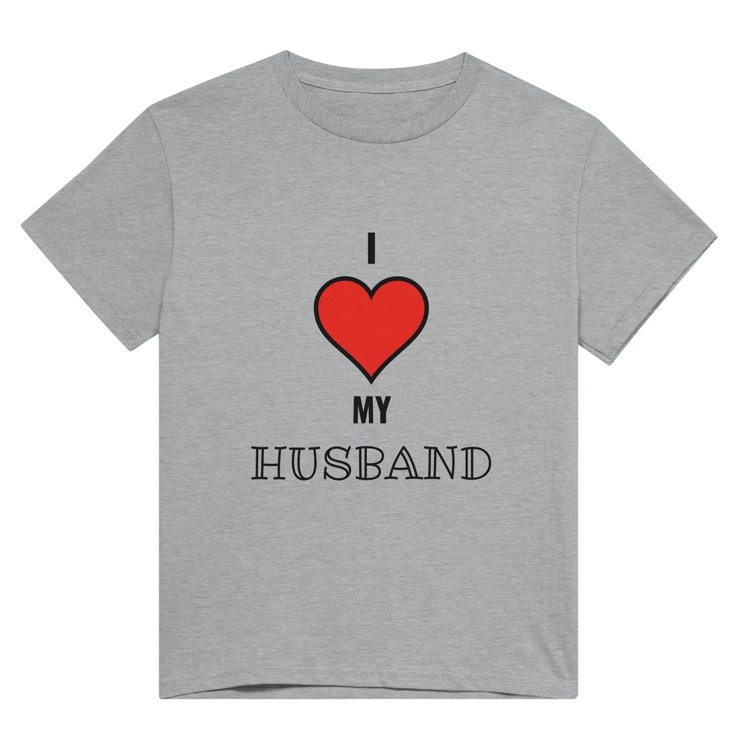 A light grey t shirt with the words "I 'heart' my husband" in black text