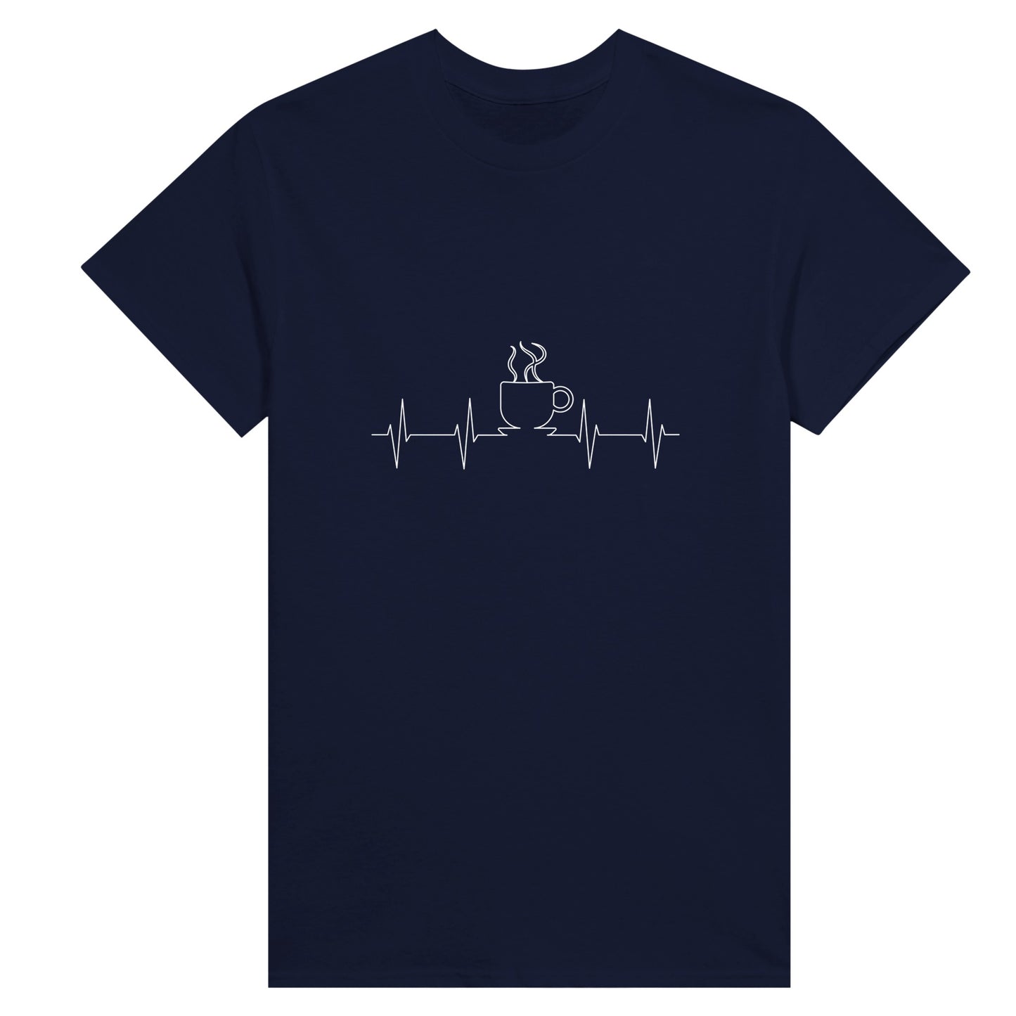 Navy blue women's shirt with white line art depicting a cardiogram with the shape of a steaming cup of coffee or tea on it.