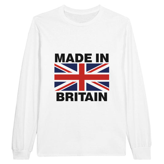 white long sleeved mens or unisex shirt with 'made in britain' text and union jack flag