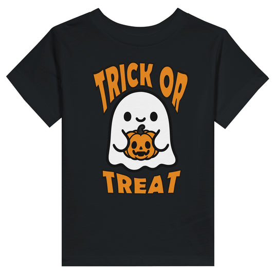 Black short sleeve toddle shirt for halloween with a picture of a ghost holding a pumpkin and the text "Trick or treat"