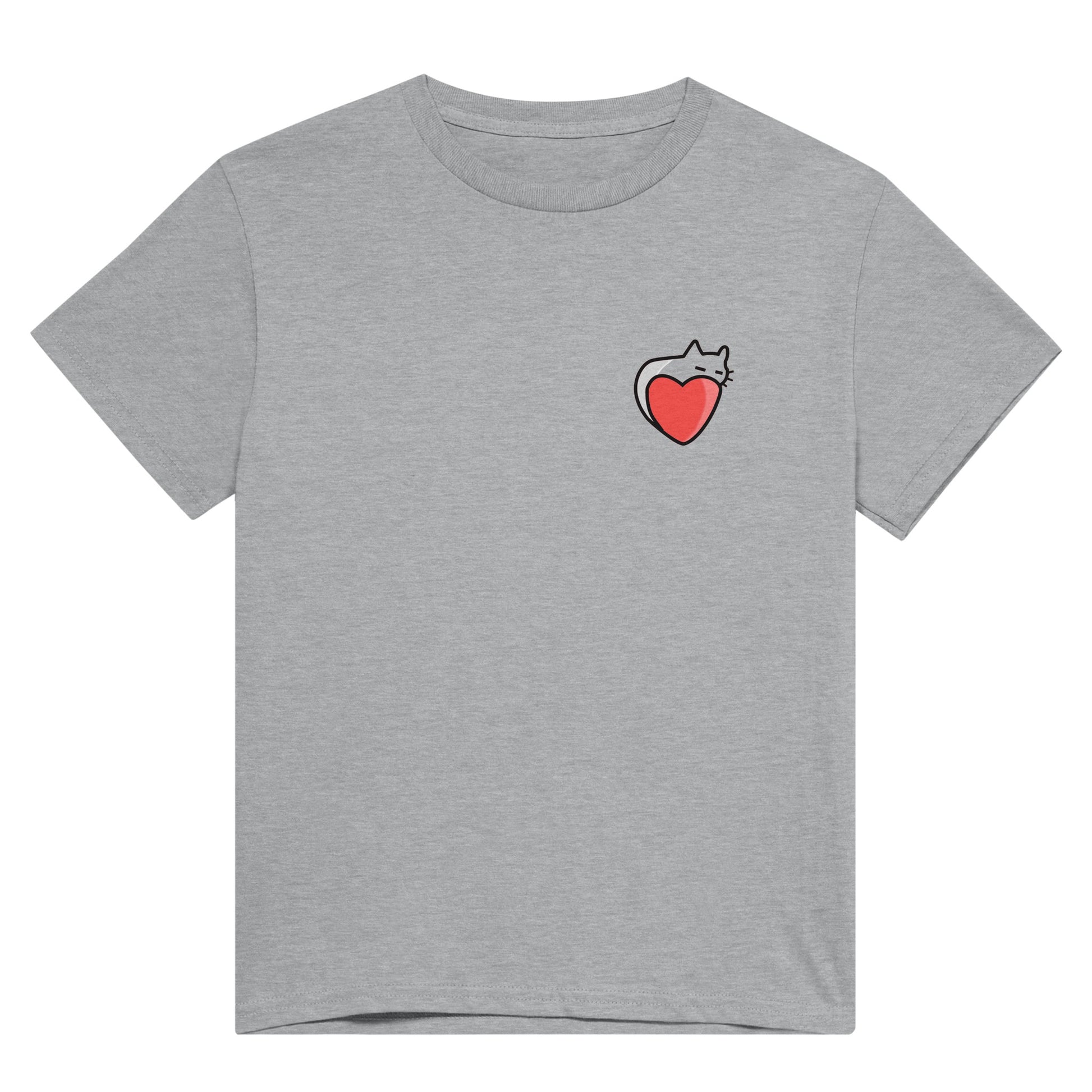 Grey shirt with a red heart in the upper right side with the outline of a kitten sleeping on it.