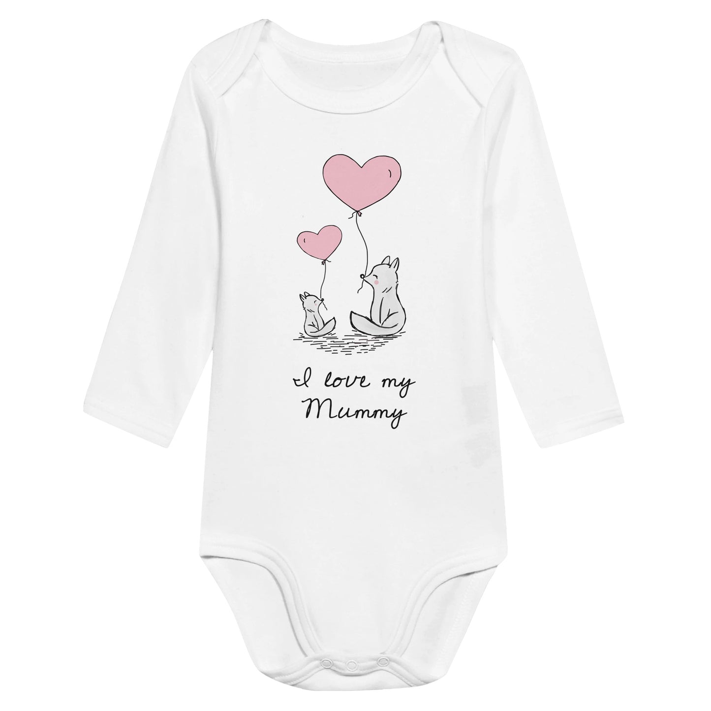 A white baby bodysuit or romper with the words, "I love my Mummy" and an image of a mother fox and baby fox cub with pink heart shaped balloons.