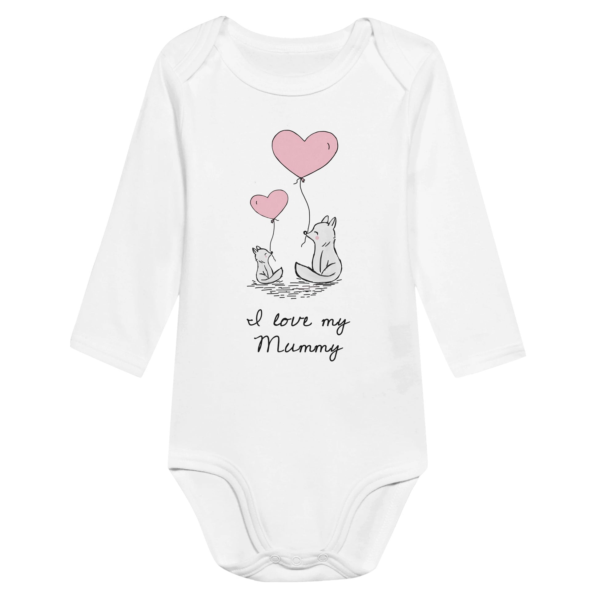 A white baby bodysuit or romper with the words, "I love my Mummy" and an image of a mother fox and baby fox cub with pink heart shaped balloons.