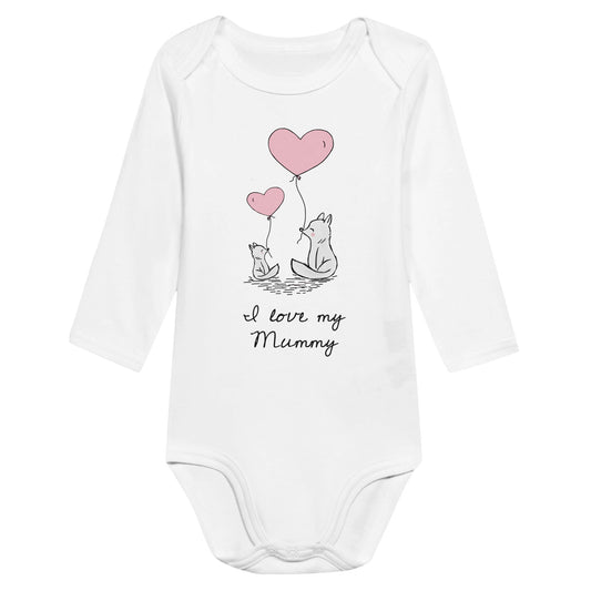 A white baby bodysuit or romper with the words, "I love my Mummy" and an image of a mother fox and baby fox cub with pink heart shaped balloons.