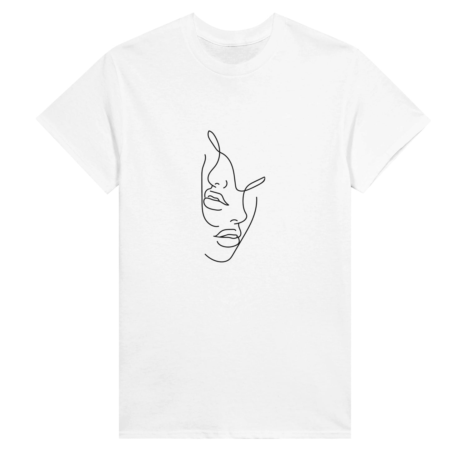 White t shirt with elegant yet simple black line art depicting the lower half of two female faces with plump lips.