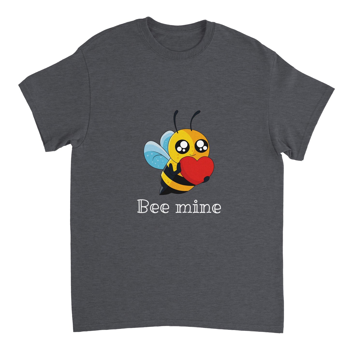 Dark grey shirt with a picture of a bee holding a heart and the words "Bee mine" in white.