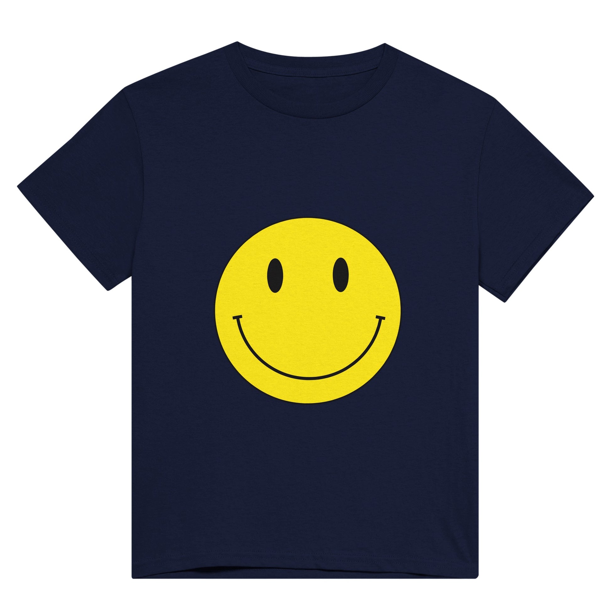 A navy blue t shirt with a bright yellow smiley face.