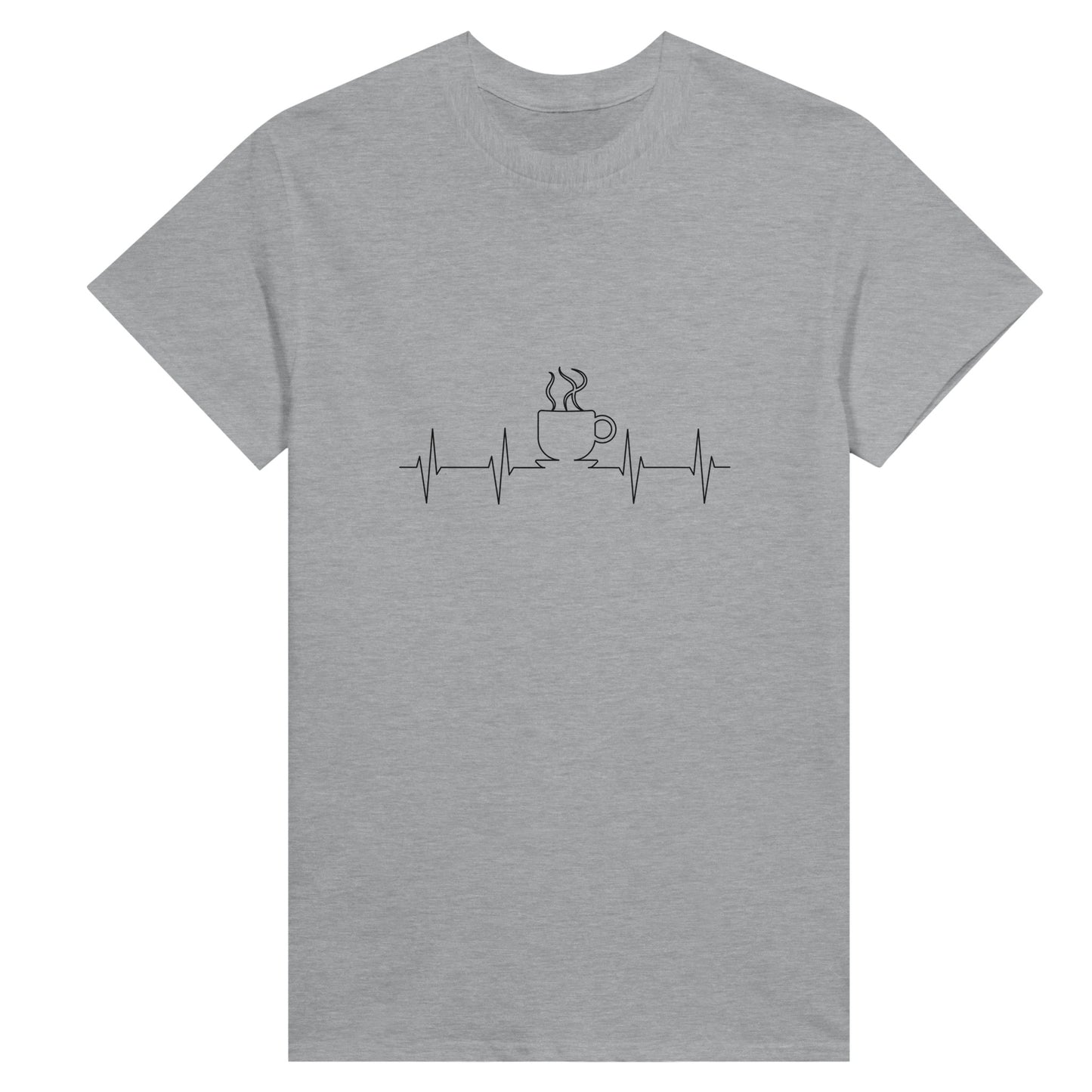 Grey shirt with black line art depicting a cardiogram with the shape of a steaming cup of coffee or tea on it.