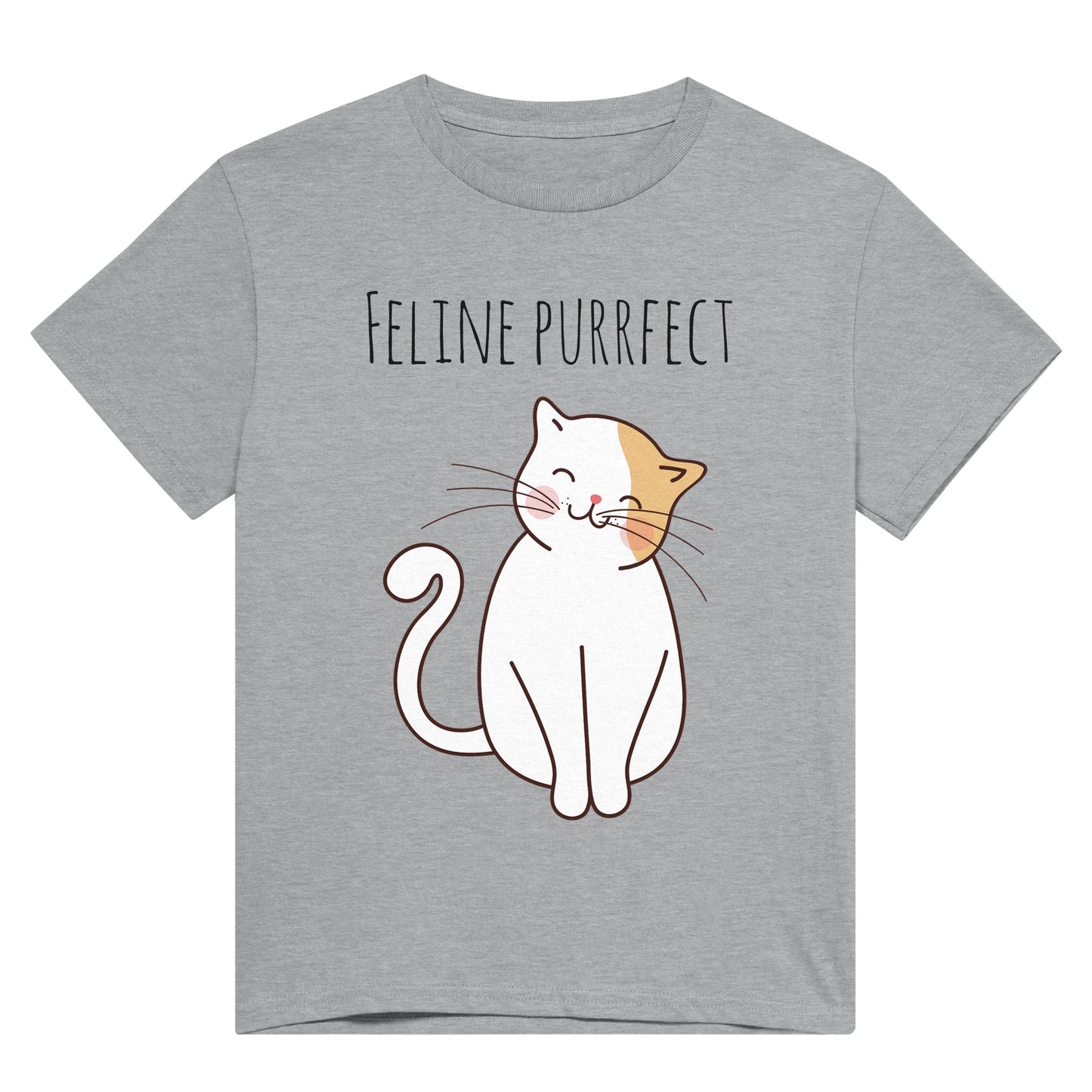 A grey t shirt with the words "Feline purrfect" in black and a picture of a white and light brown cat smiling and sitting happily.