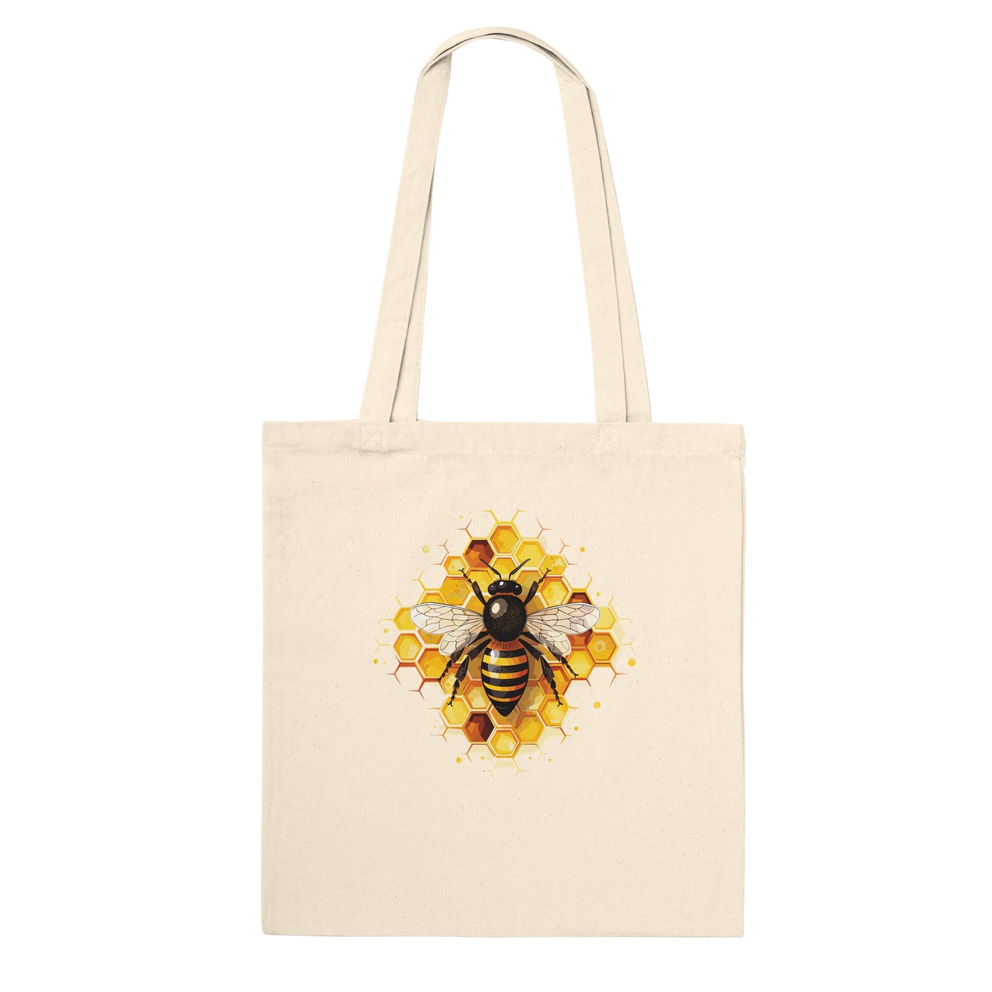 A natural coloured tote bag with a picture of a honeybee on honeycomb