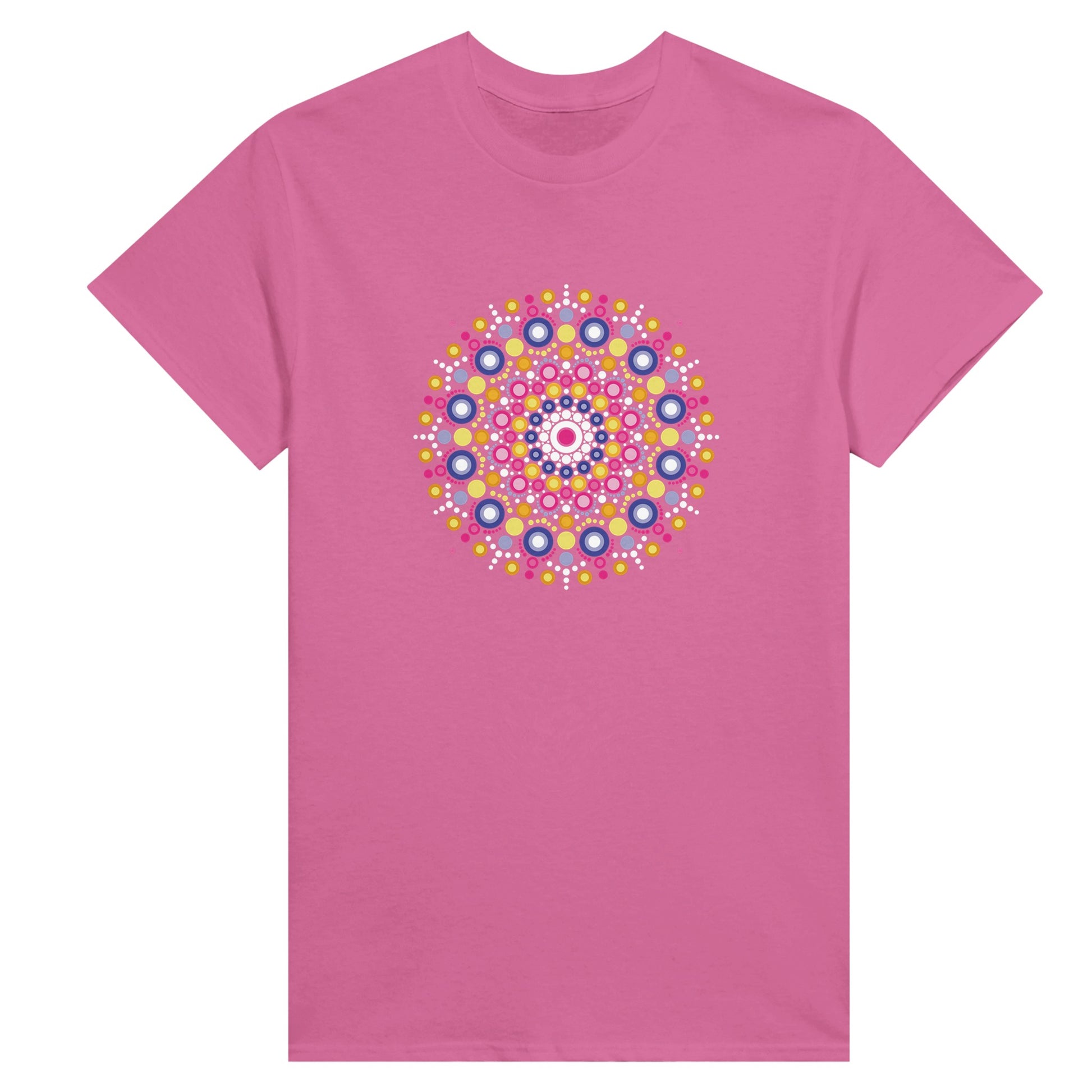 A pink womens tee shirt with a colourful mandala made of dots printed on it