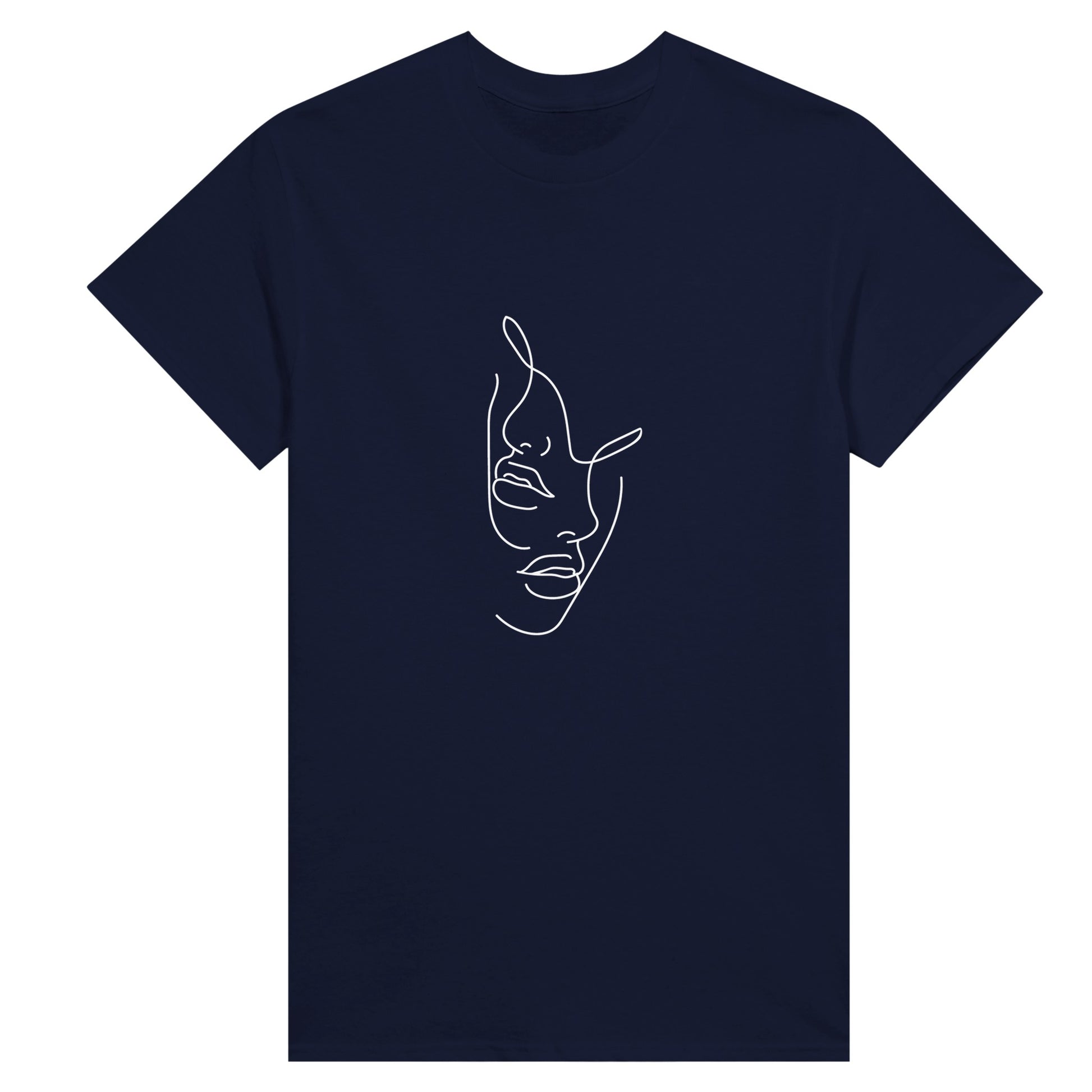 Navy blue t shirt with elegant yet simple white line art depicting the lower half of two female faces with plump lips.