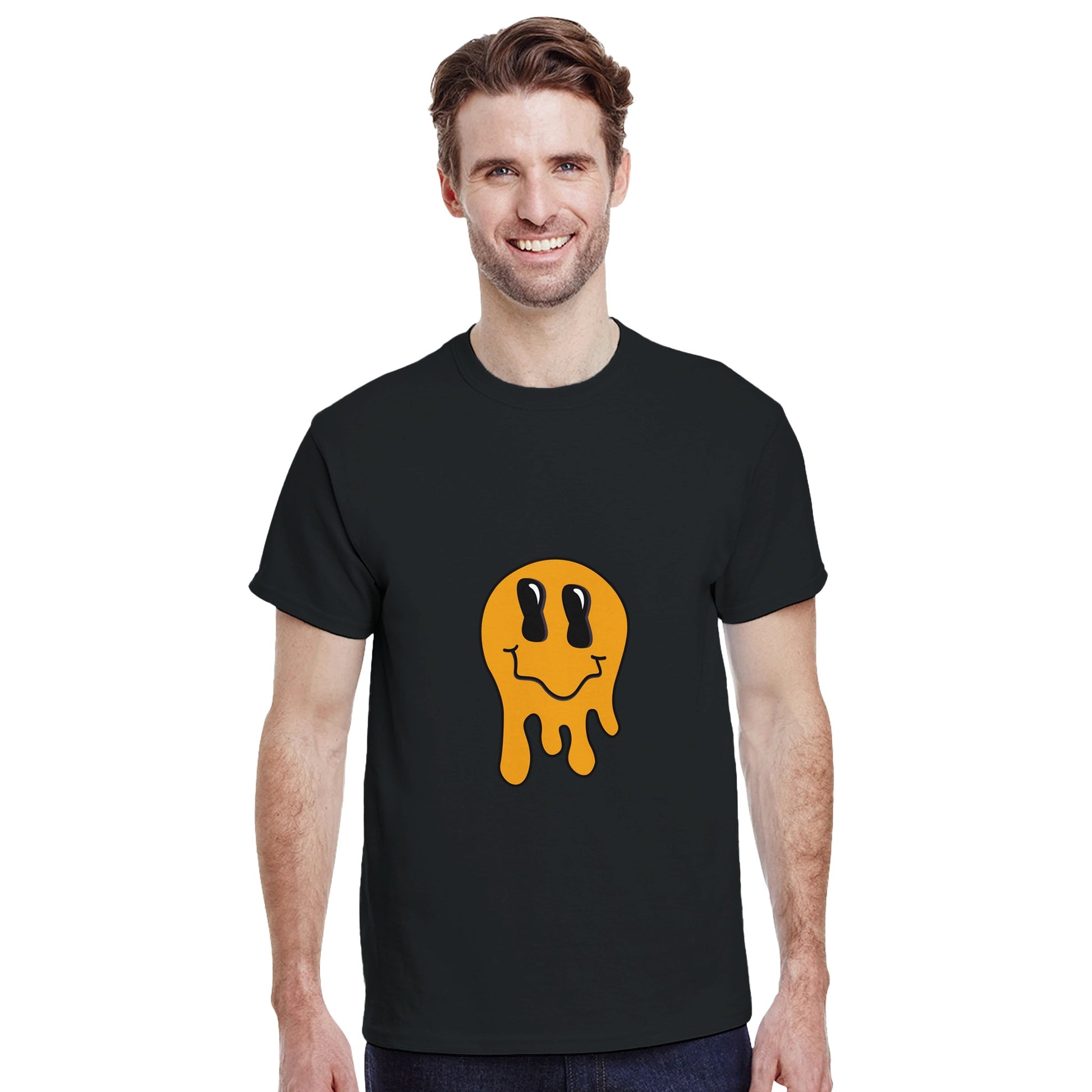 a black mens t-shirt being worn by a man with a yellow melting smiley face