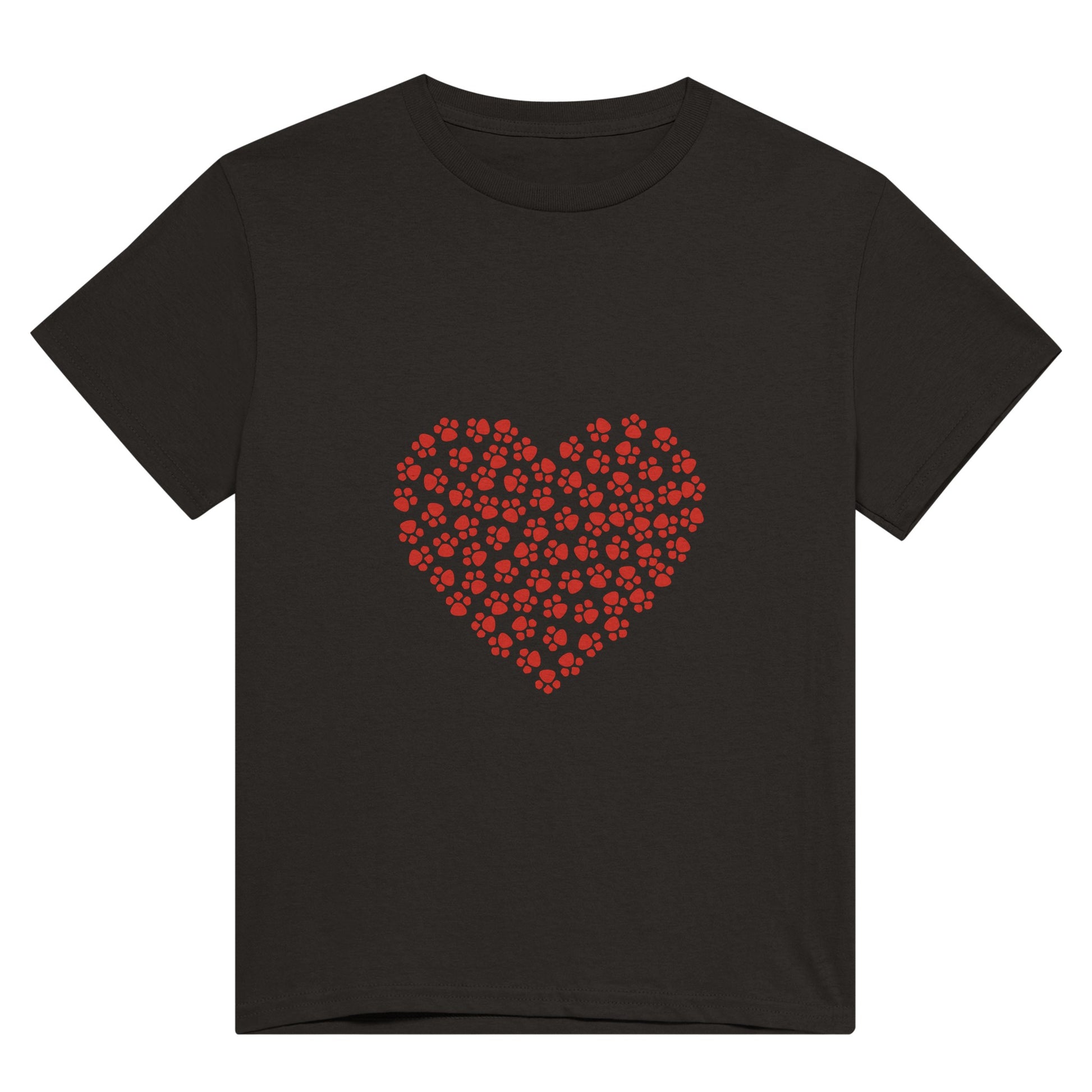 A black t shirt with a big heart on it made up of little red animal paws