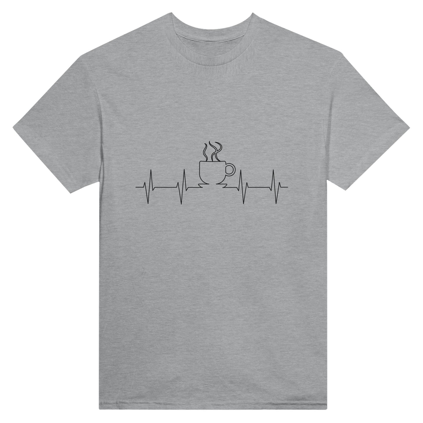 Grey shirt with black line art depicting a cardiogram with the shape of a steaming cup of coffee or tea on it.