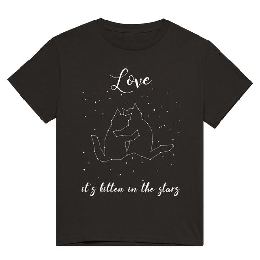 A black t shirt with the words, "Love, it's kitten in the stars" in white and a picture of stars in the night sky, showing a cuddling cat pair constellation