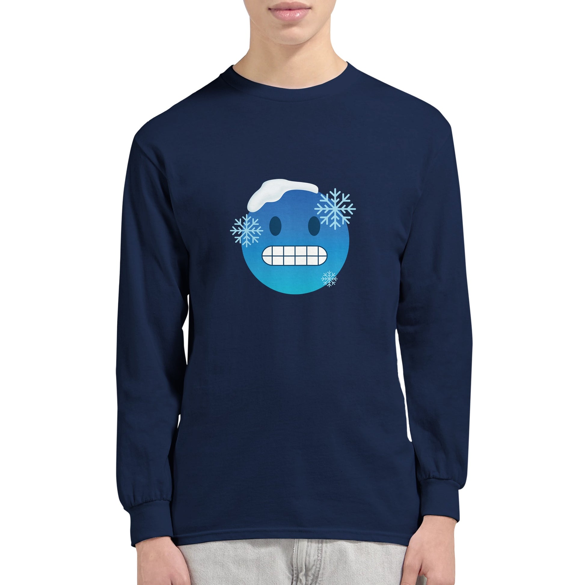 a blue long sleeved t shirt with a freezing cold emoji face worn by a man