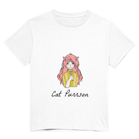 White shirt with black text saying "cat purrson" and a picture of a girl with a cat face and cat ears, pink hair and yellow ochre shirt, holding a flower.