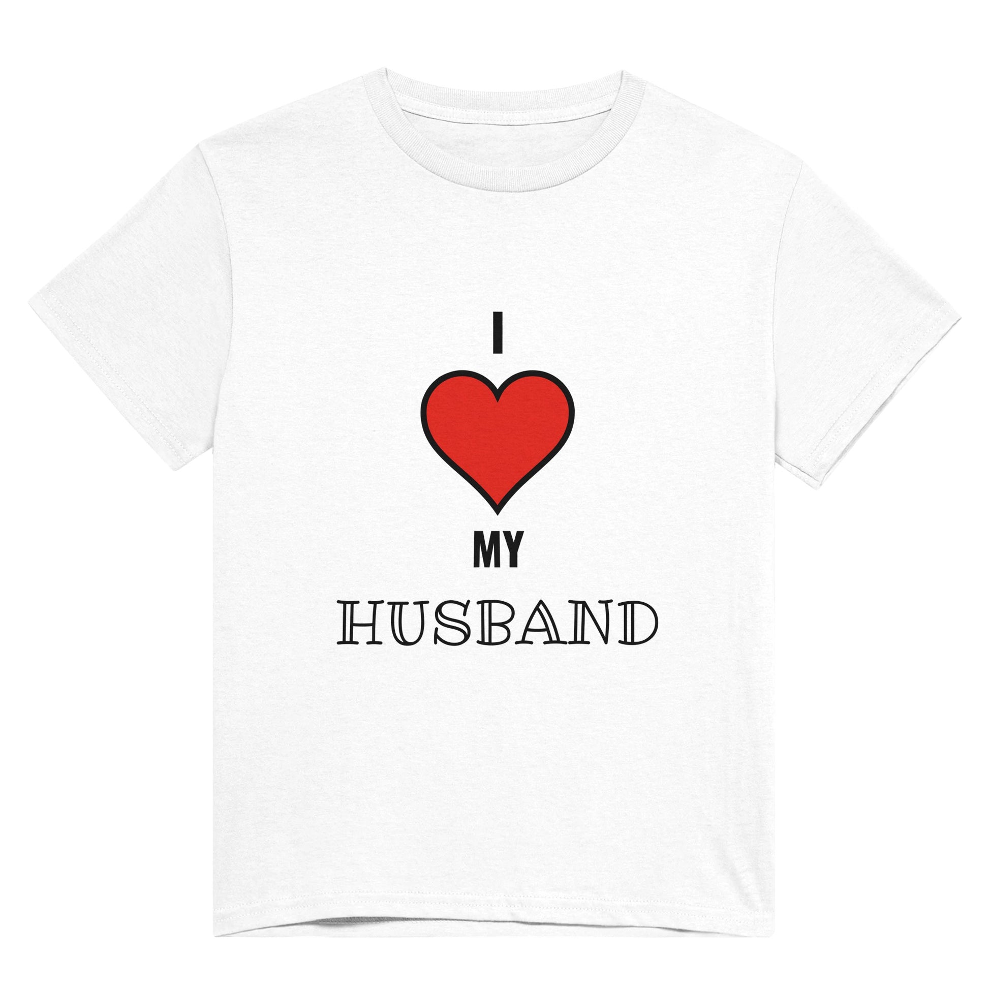 A white t shirt with the words "I 'heart' my husband" in black text