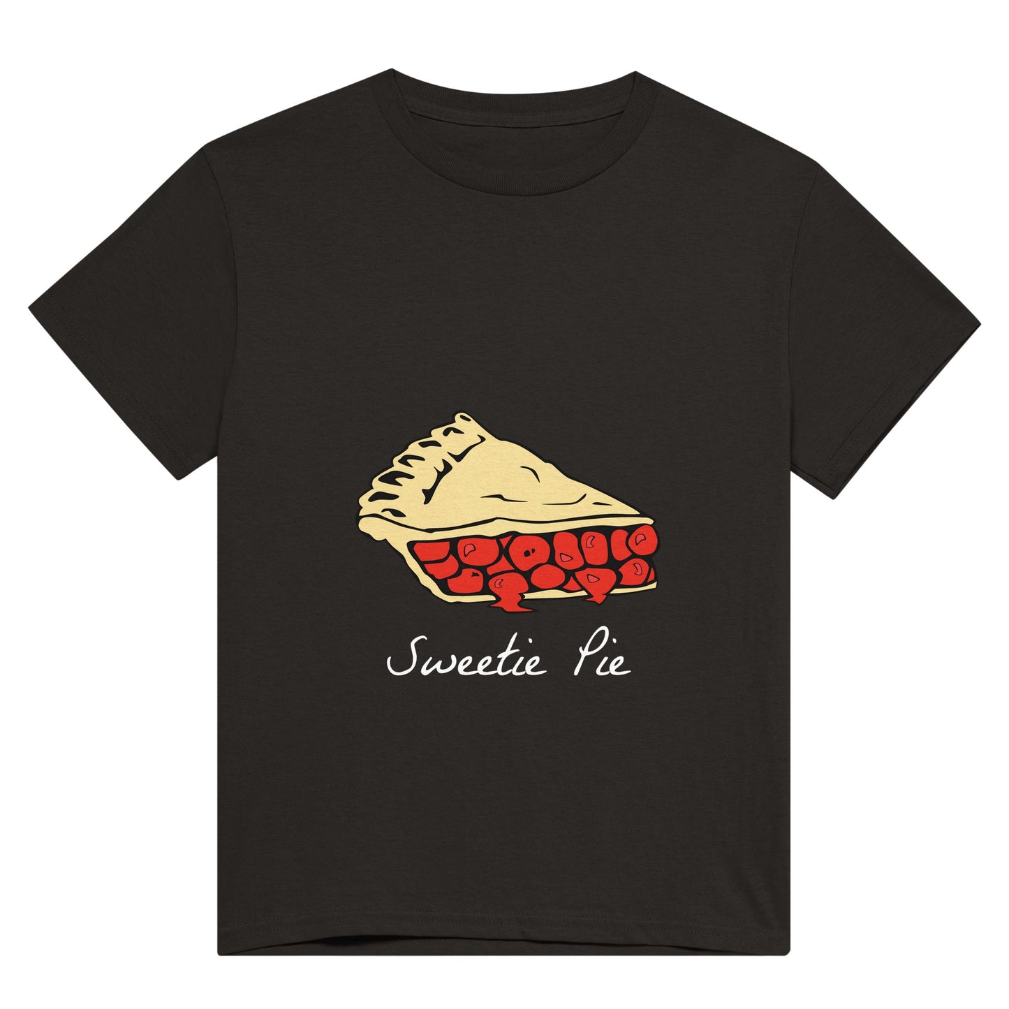 A black t shirt with white text saying, "Sweetie pie" and an image of a slice of red cherry pie.