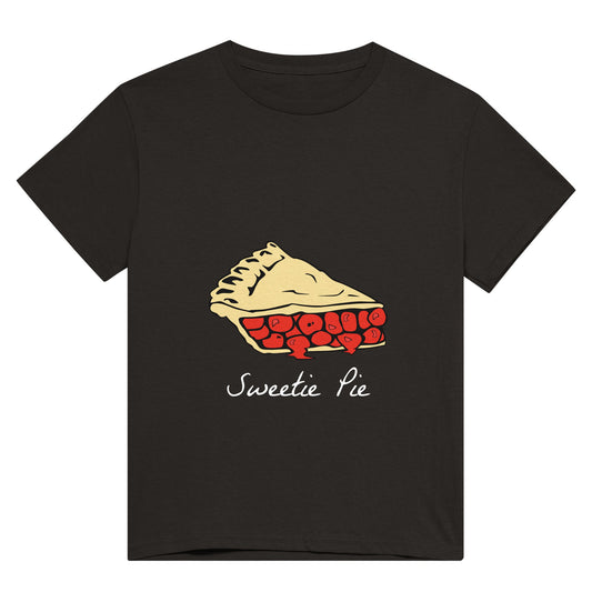 A black t shirt with white text saying, "Sweetie pie" and an image of a slice of red cherry pie.