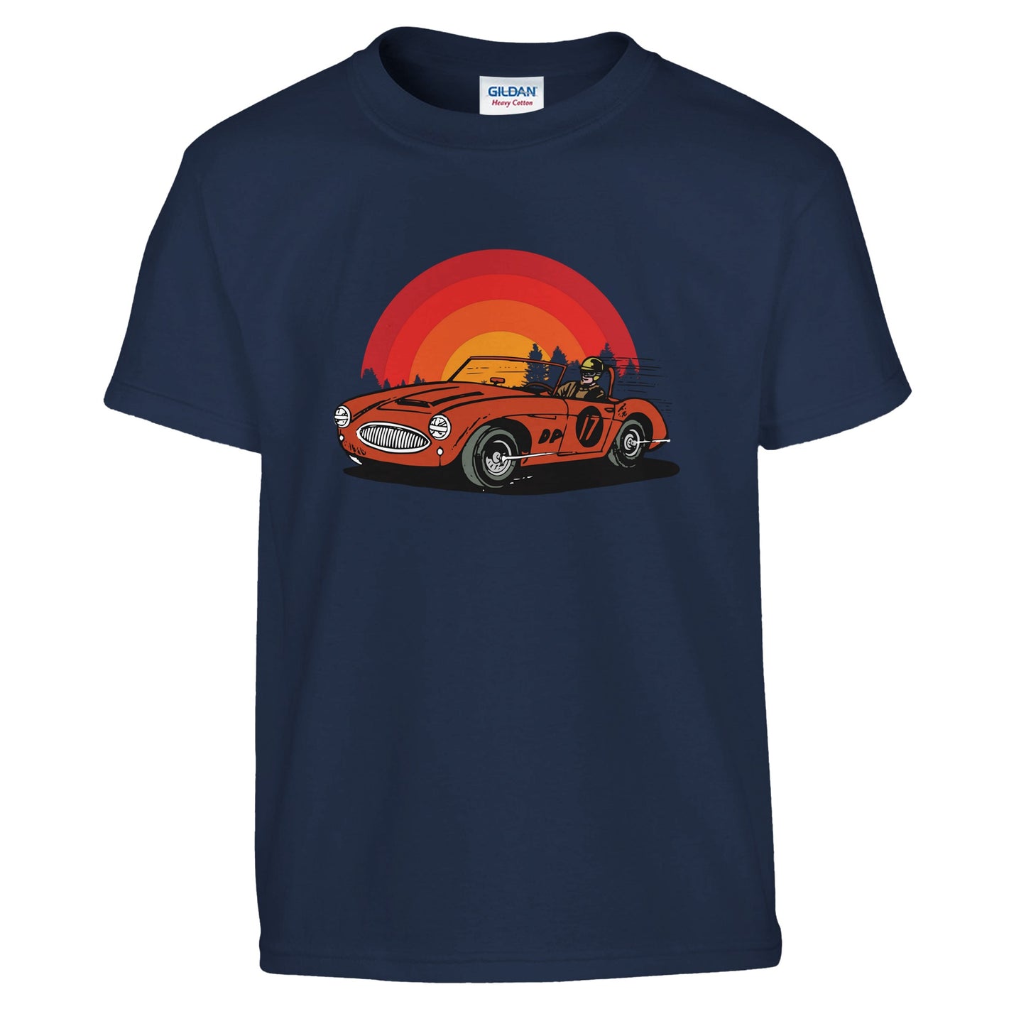 A kids navy blue t-shirt with a car and sunset printed on it.