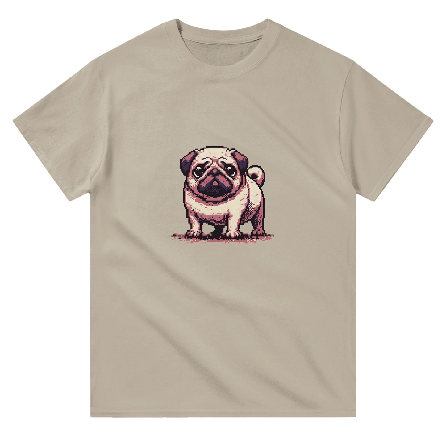 mens and womens sand coloured t-shirt with a cute pug picture 