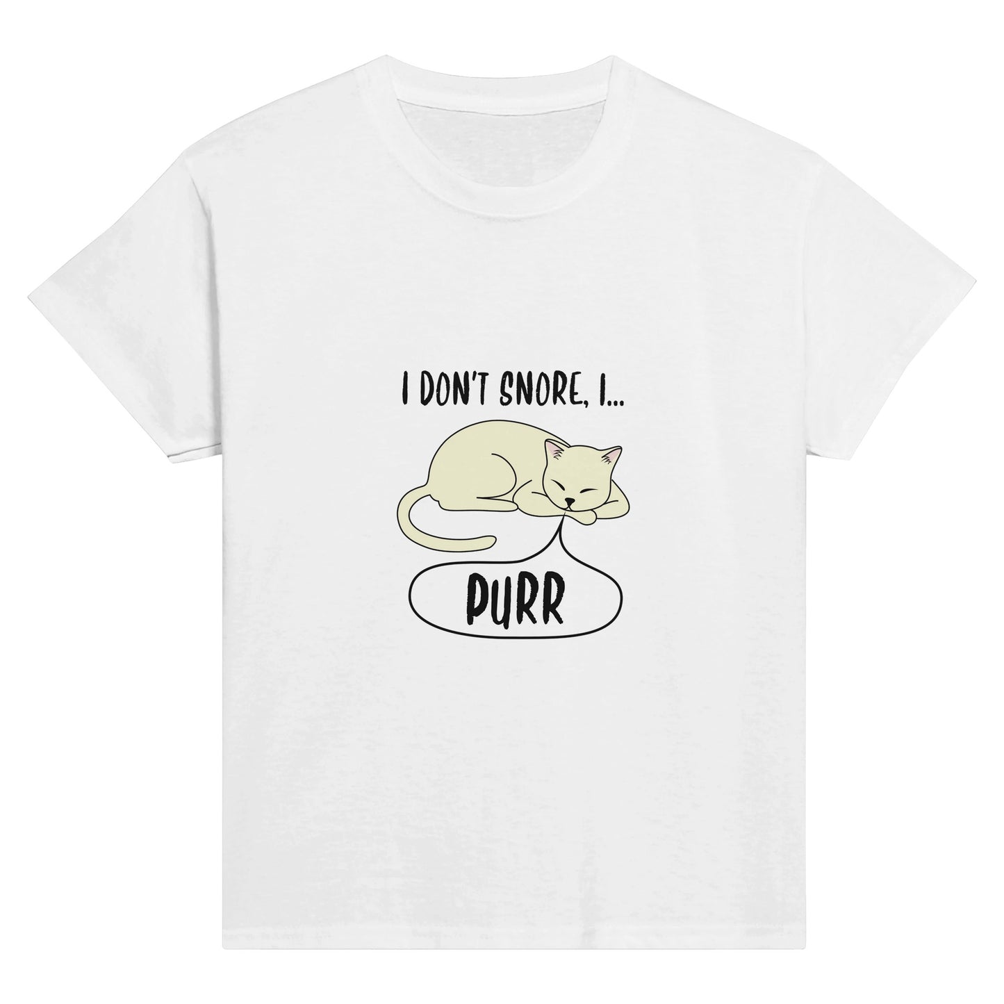 A white shirt with the words, "I don't snore, I purr" and a picture of a sleeping cat on it.