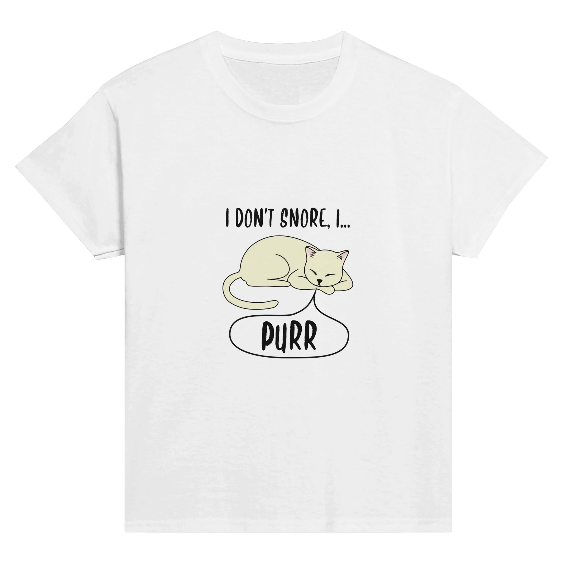 A white shirt with the words, "I don't snore, I purr" and a picture of a sleeping cat on it.