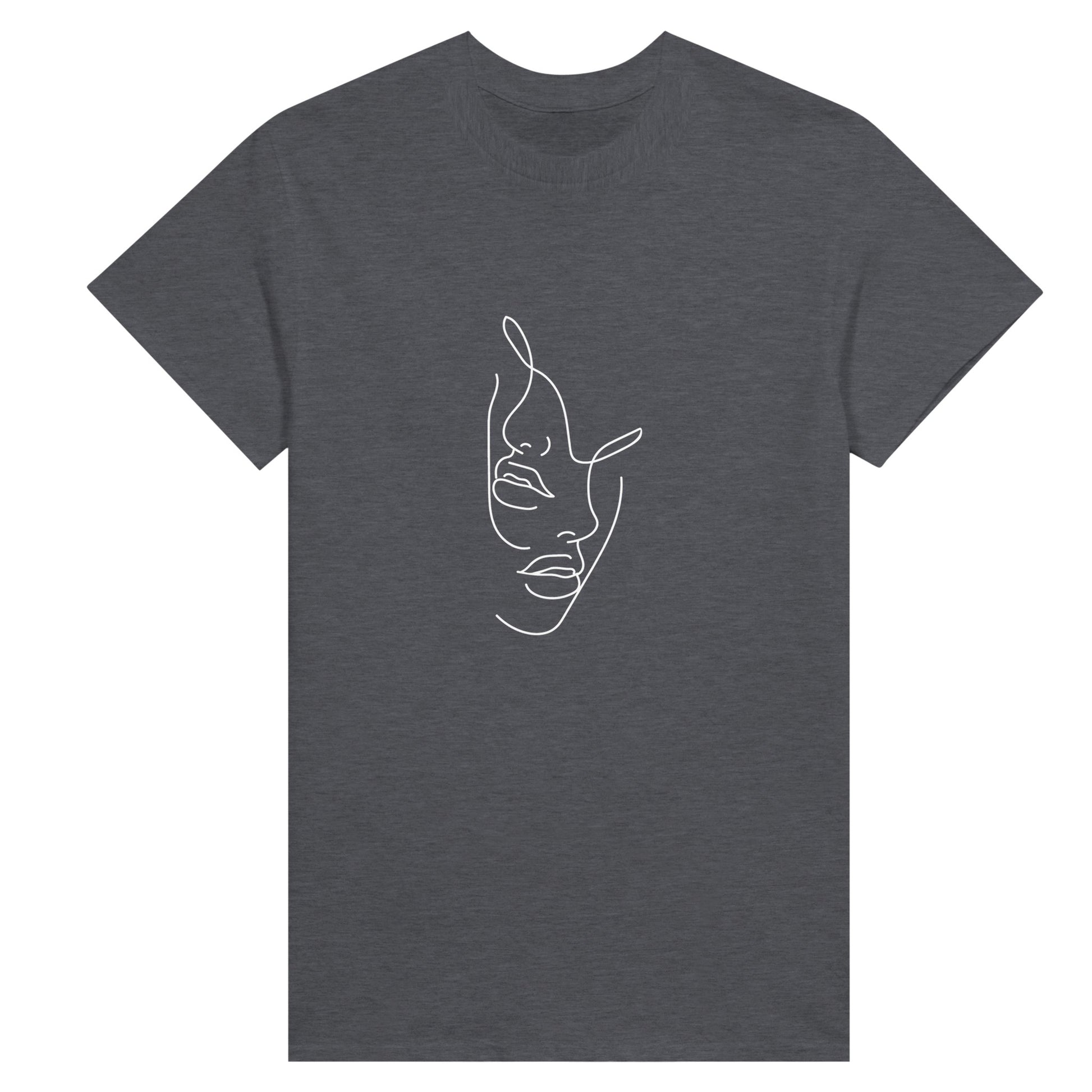 Grey t shirt with elegant yet simple white line art depicting the lower half of two female faces with plump lips.