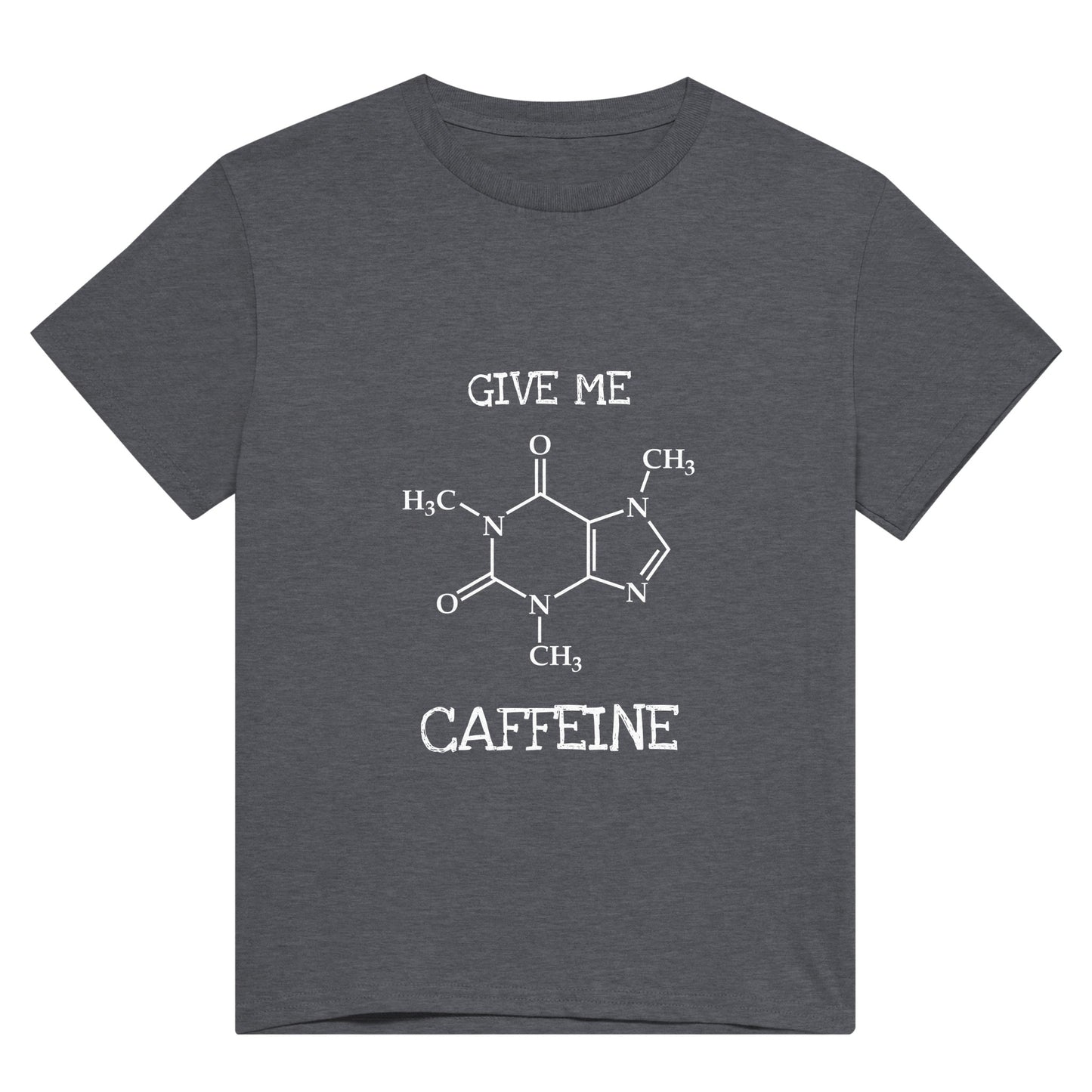 A dark grey t shirt with the words "Give me caffeine" and a picture of the displayed formula of a caffeine molecule in white