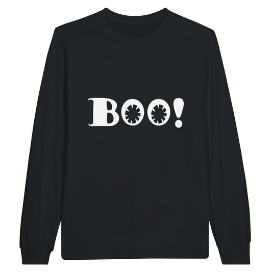 Unisex black longsleeve shirt for men with "Boo!" printed across the front