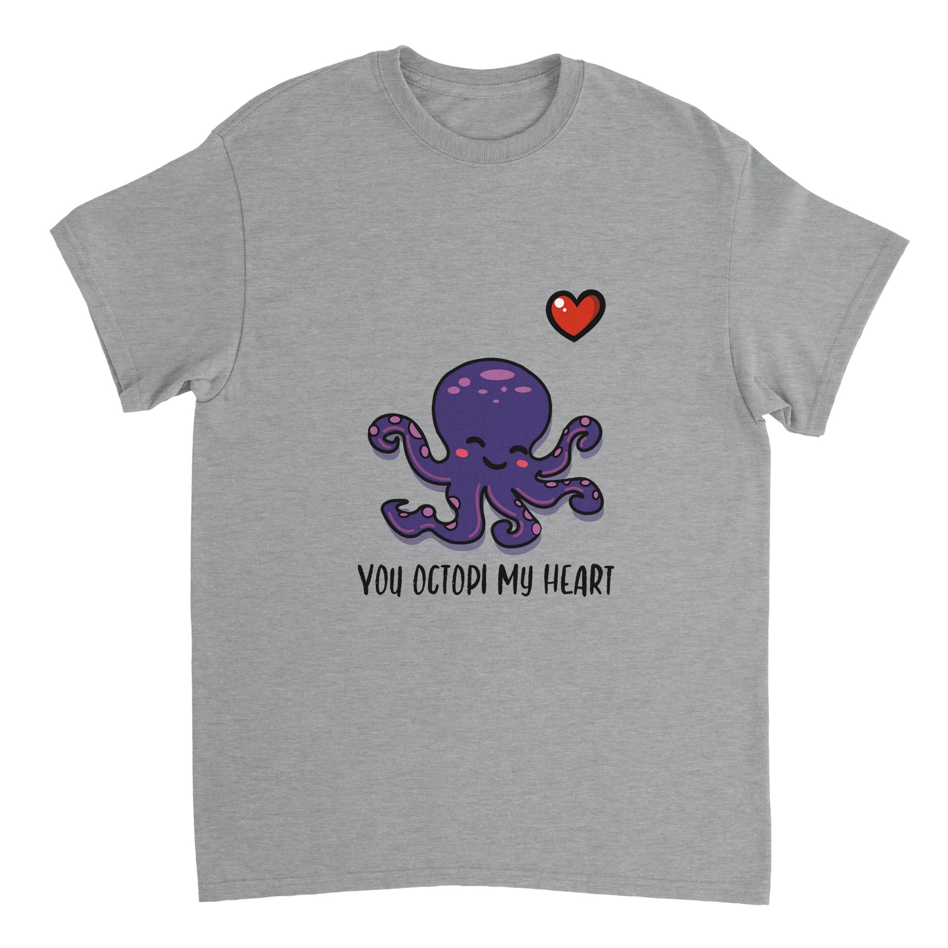 A light grey shirt with black text saying, "You octopi my heart" and an image of a purple octopus blushing and smiling and a small red heart in the upper right corner